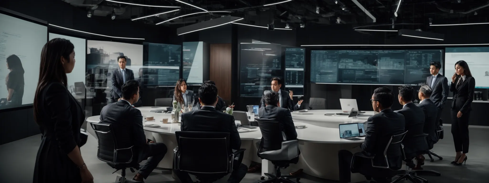 an engaging business meeting where professionals discuss digital strategies over a modern, interactive display.