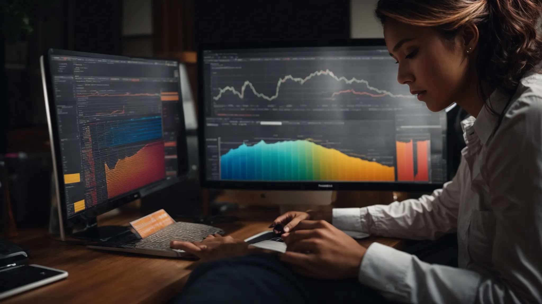 a business owner reviewing colorful graphs and analytics on a computer screen.