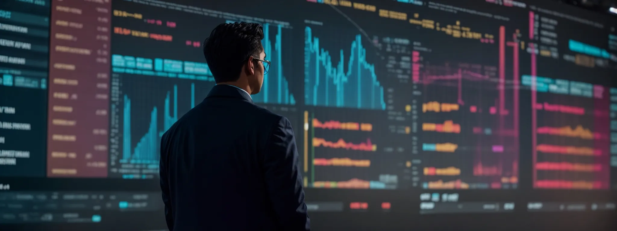 a strategist stands before a massive digital screen, which displays colorful graphs and data points while he thoughtfully contemplates the next move in a marketing campaign.
