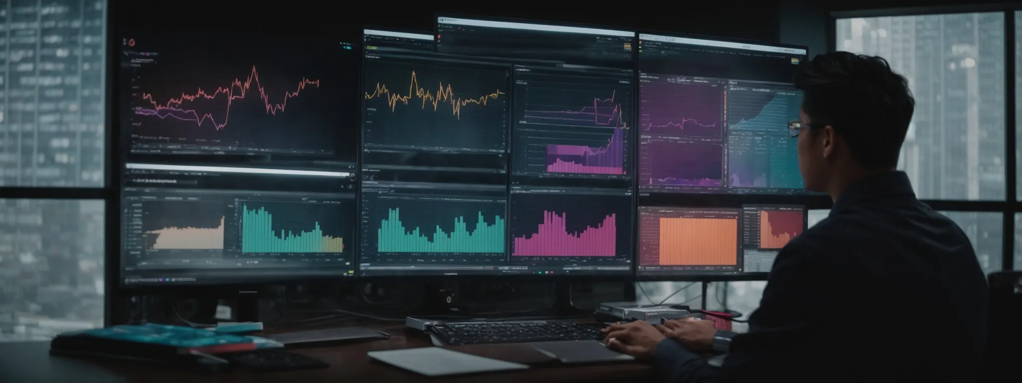 a digital marketer analyzes color-coded graphs and charts on a computer screen, optimizing a website's seo strategy.