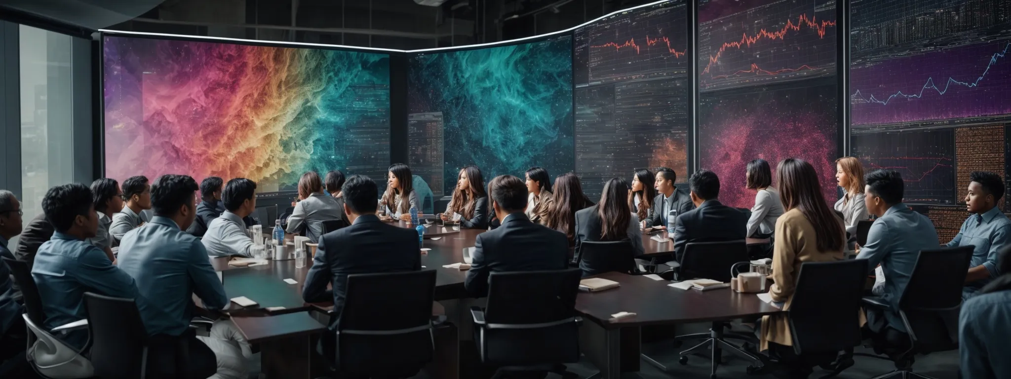 a diverse group of professionals gathered around a conference table, intently focused on a large screen displaying colorful data visualizations.