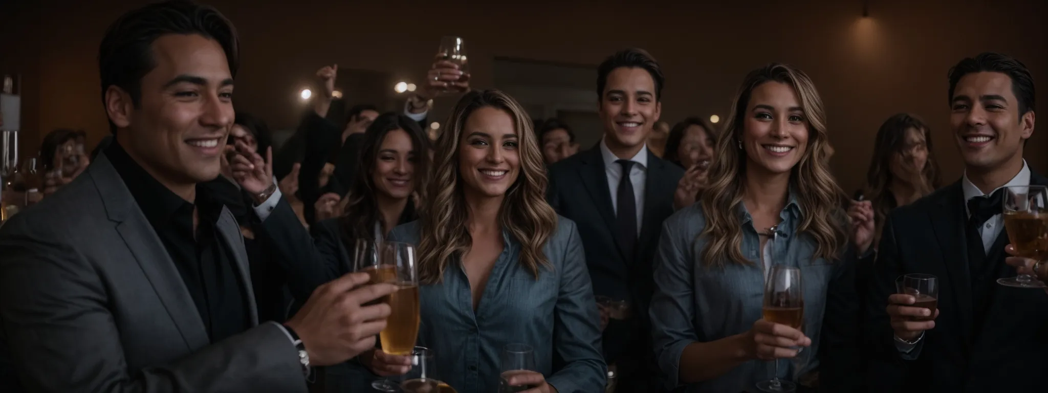 a group of professionals at a casual celebration with raised glasses, signaling a non-conformist triumph.