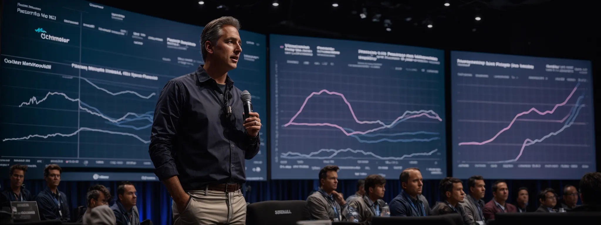 john mueller presents at a tech conference with a screen displaying seo graphs in the background.