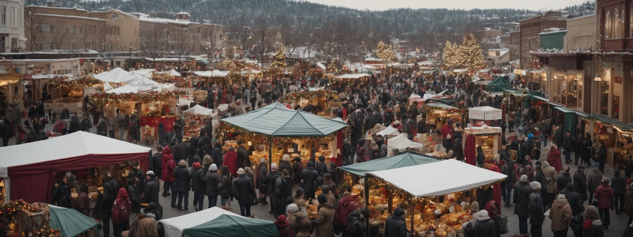 a bustling holiday market with booths adorned in festive decorations, catering to a crowd of local shoppers.