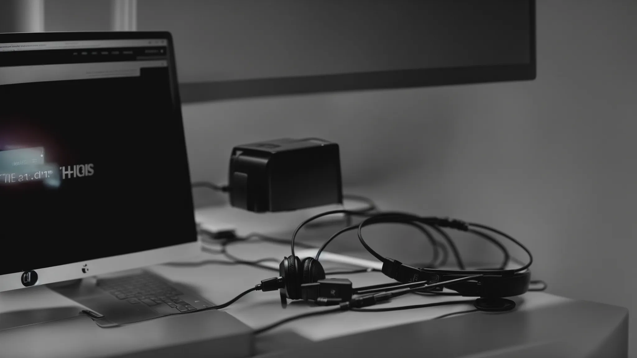 a computer with a podcasting microphone and headphones resting on a desk.