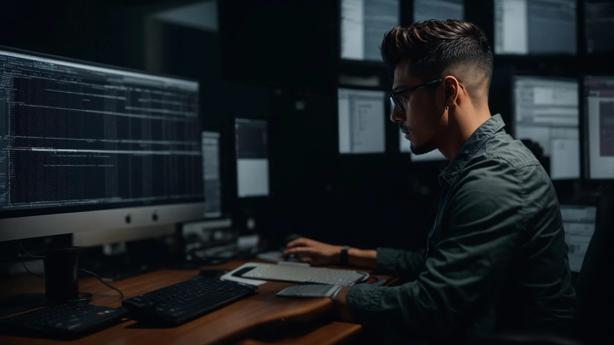 a web developer is intently analyzing charts on a computer screen that represent website traffic, search engine rankings, and link profiles.