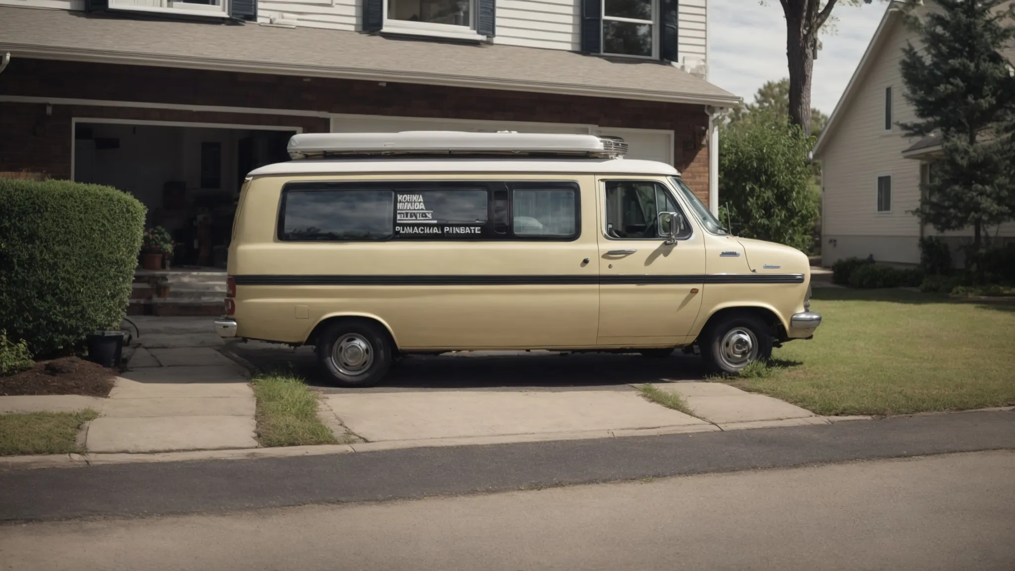 a plumber's van is parked outside a residential home, indicating a professional plumbing service call.