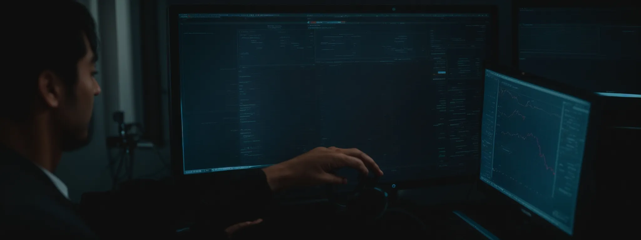 a person intently analyzing a graphical dashboard on a computer screen that displays website traffic trends.