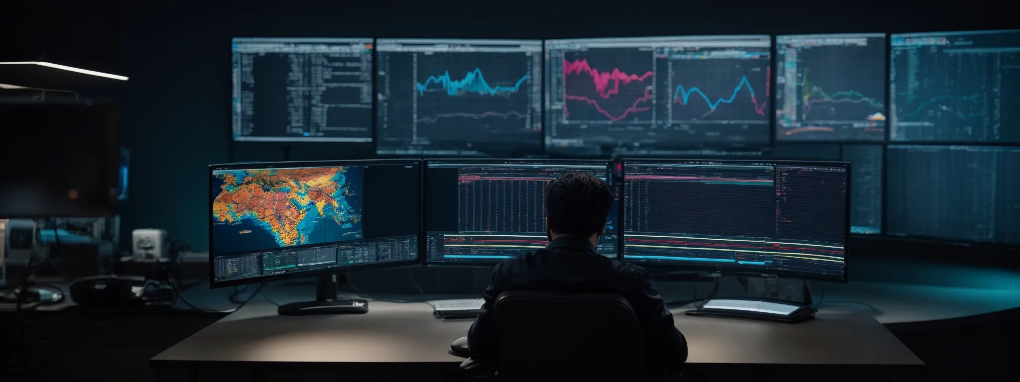 Person seated at a desk monitors multiple computer screens displaying graphs, charts, and maps in a dark, modern control room setting.