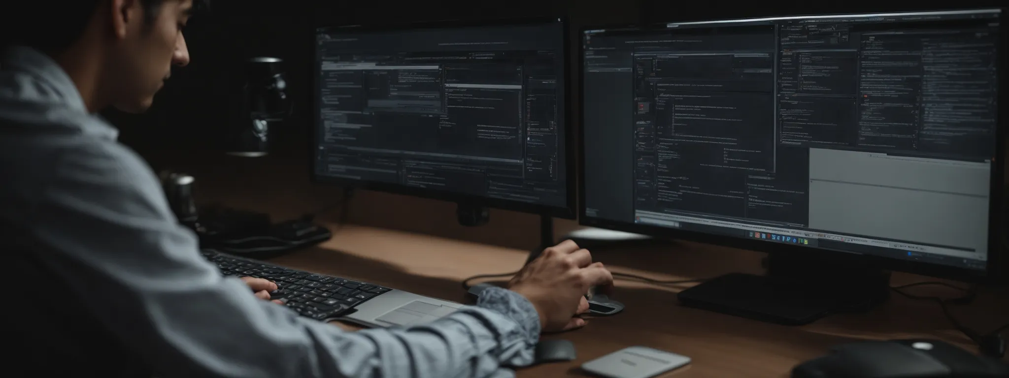 a web developer analyzes a mobile-responsive interface on a computer screen while optimizing a single page application for search engines and user engagement.