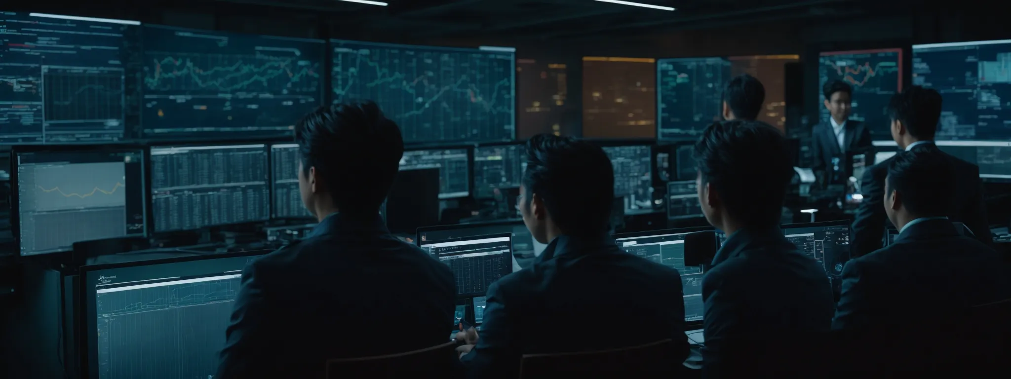 a group of focused professionals gathers around a high-tech control room with screens displaying futuristic analytics and data visualizations.