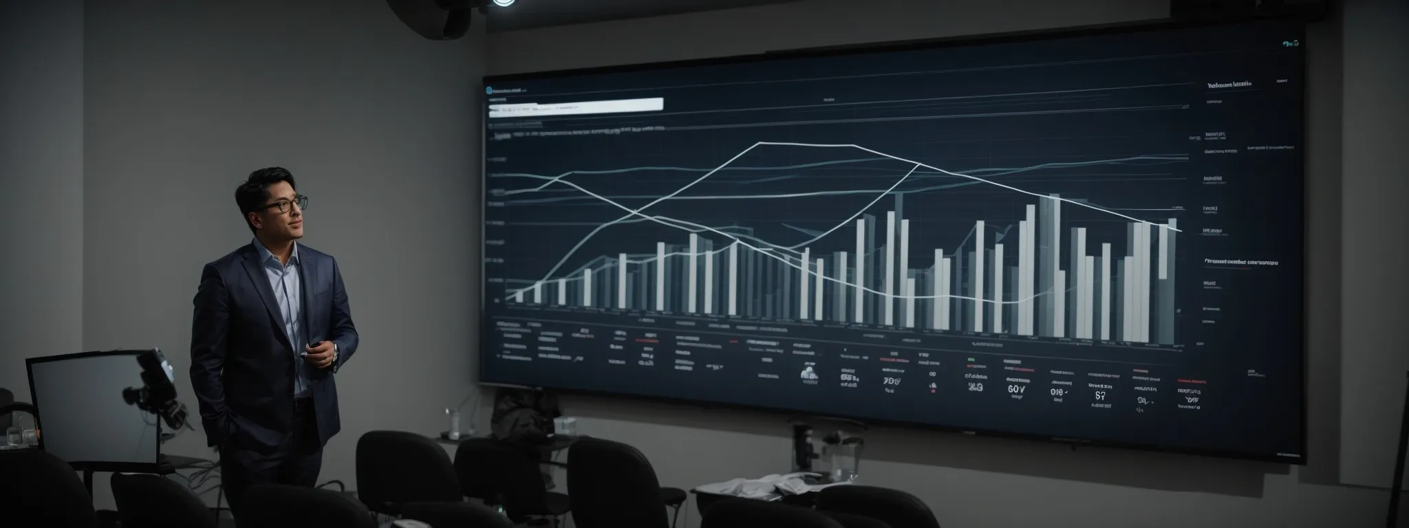 a professional giving a presentation with a projector screen showing charts and a digital marketing strategy.