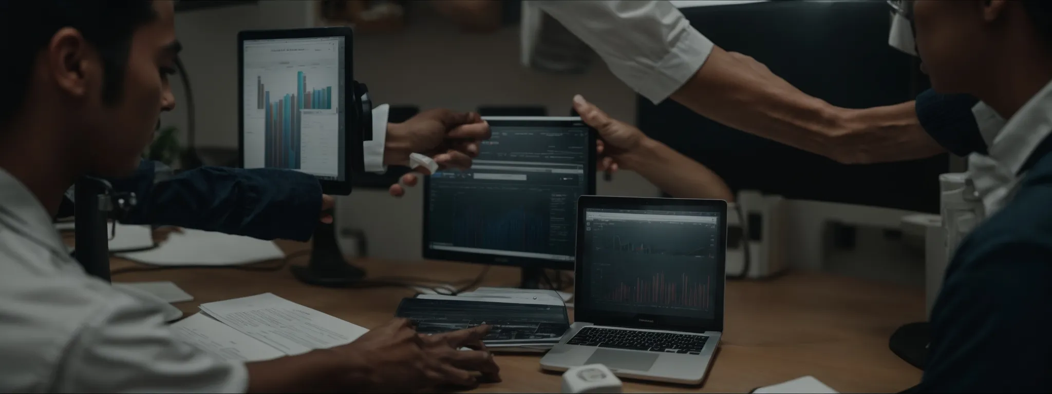 two professionals shaking hands in front of a computer displaying a search engine results page.