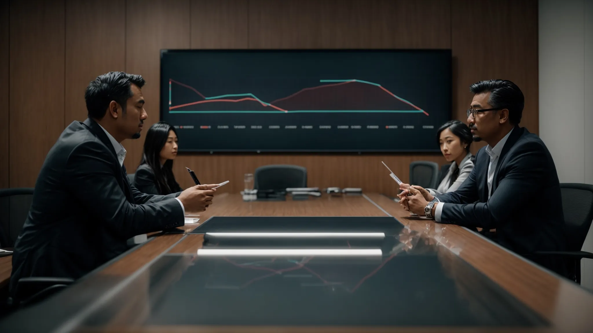 two individuals engaged in an animated discussion across a conference table, with one pointing to a visible chart comparing long and short lines.