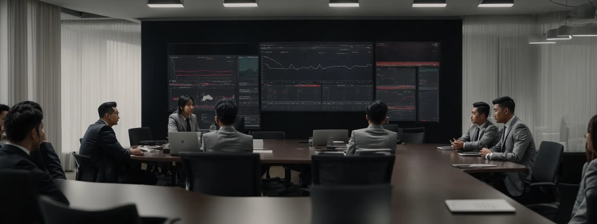 a conference room with an open laptop displaying graphs and a group attentively discussing strategies around a table.