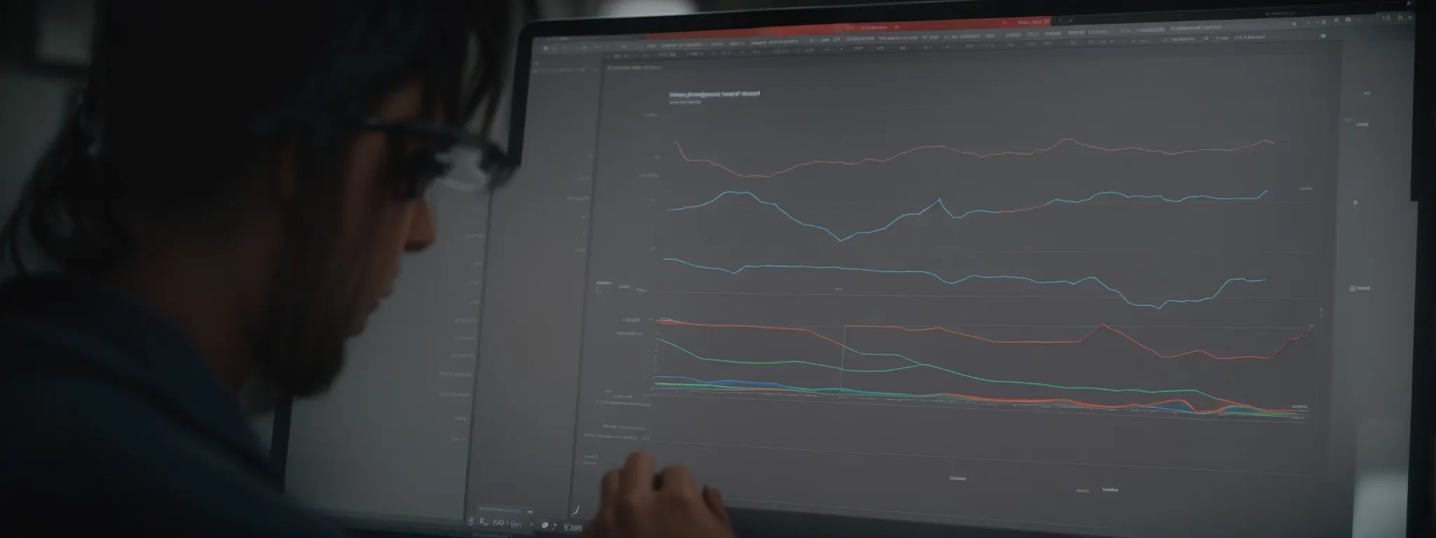 a person analyzing graphs on a computer screen showing website traffic and keyword rankings.