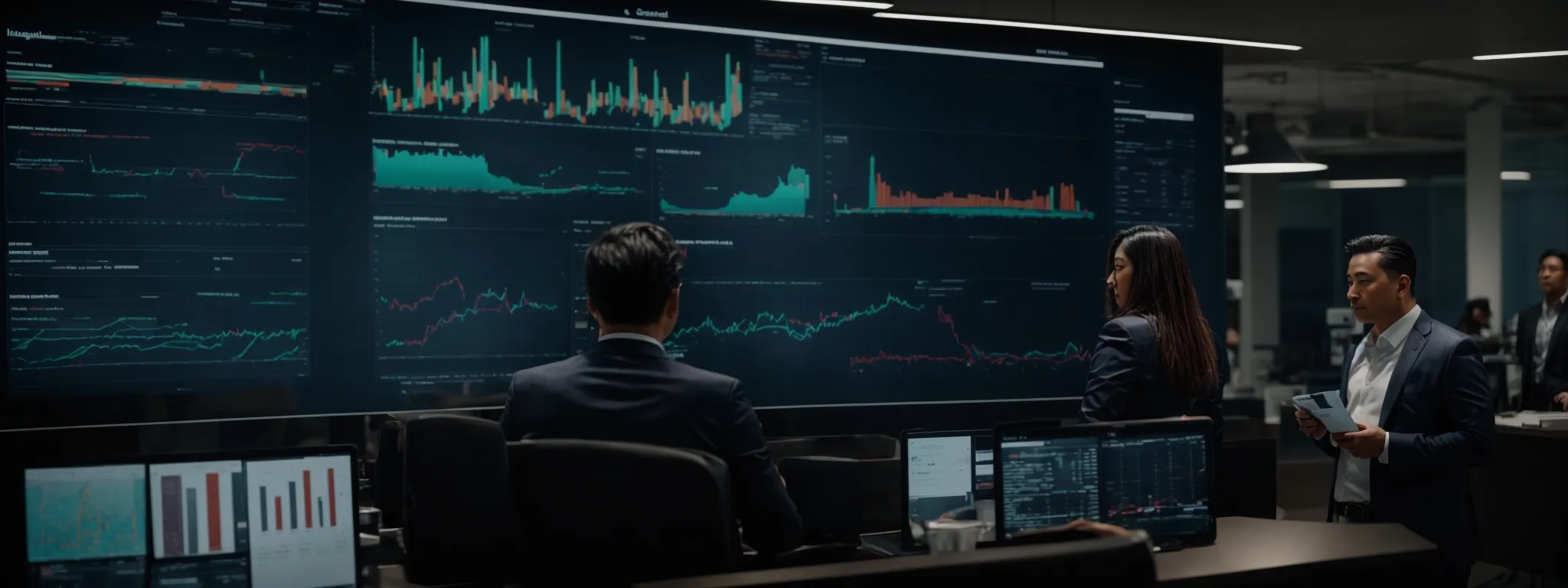 a marketing team strategizes around a digital dashboard displaying real-time lead data analytics.