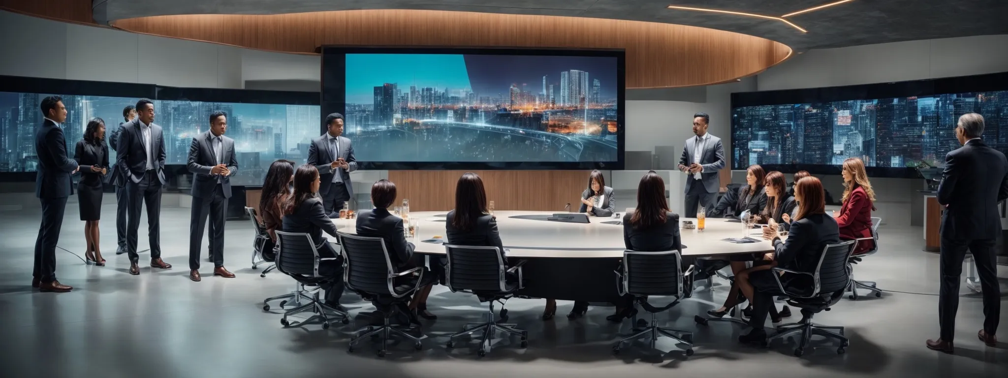 a diverse group of professionals congregates around a sleek, modern conference table, animatedly discussing strategies beneath a large digital screen displaying vibrant graphics.