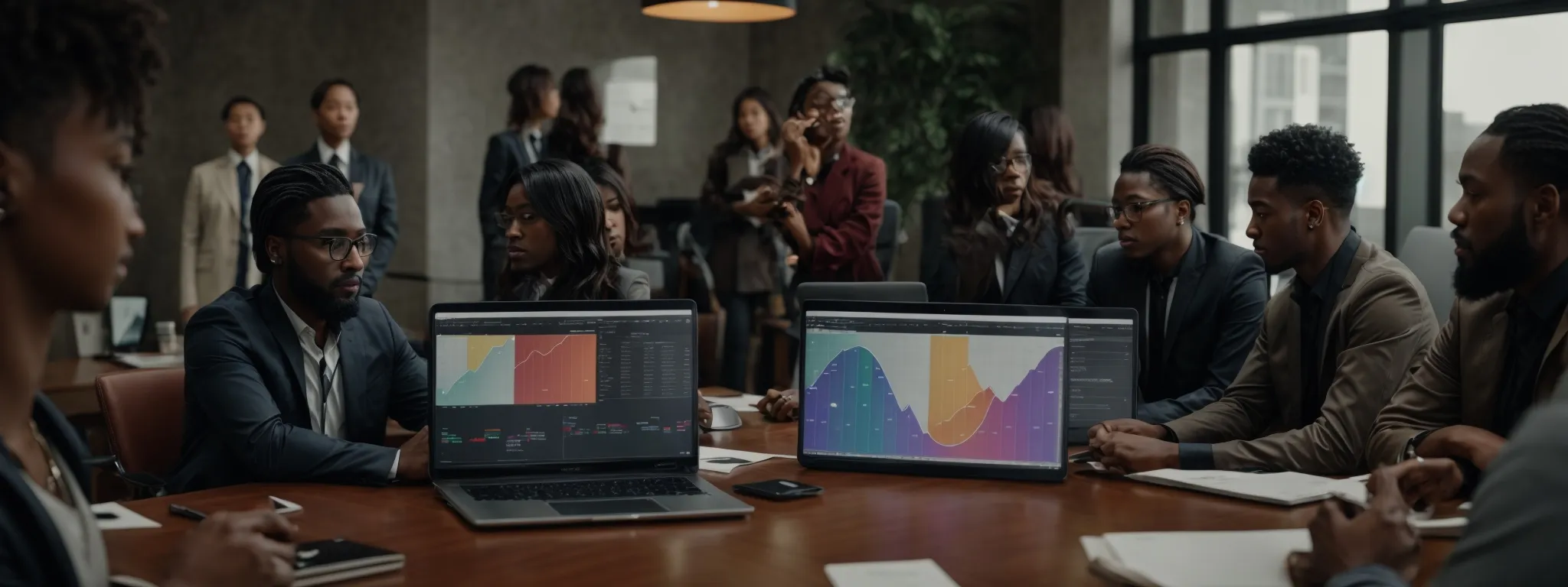 a diverse team gathers around a conference table, intently focused on a laptop screen displaying colorful charts and strategic plans.