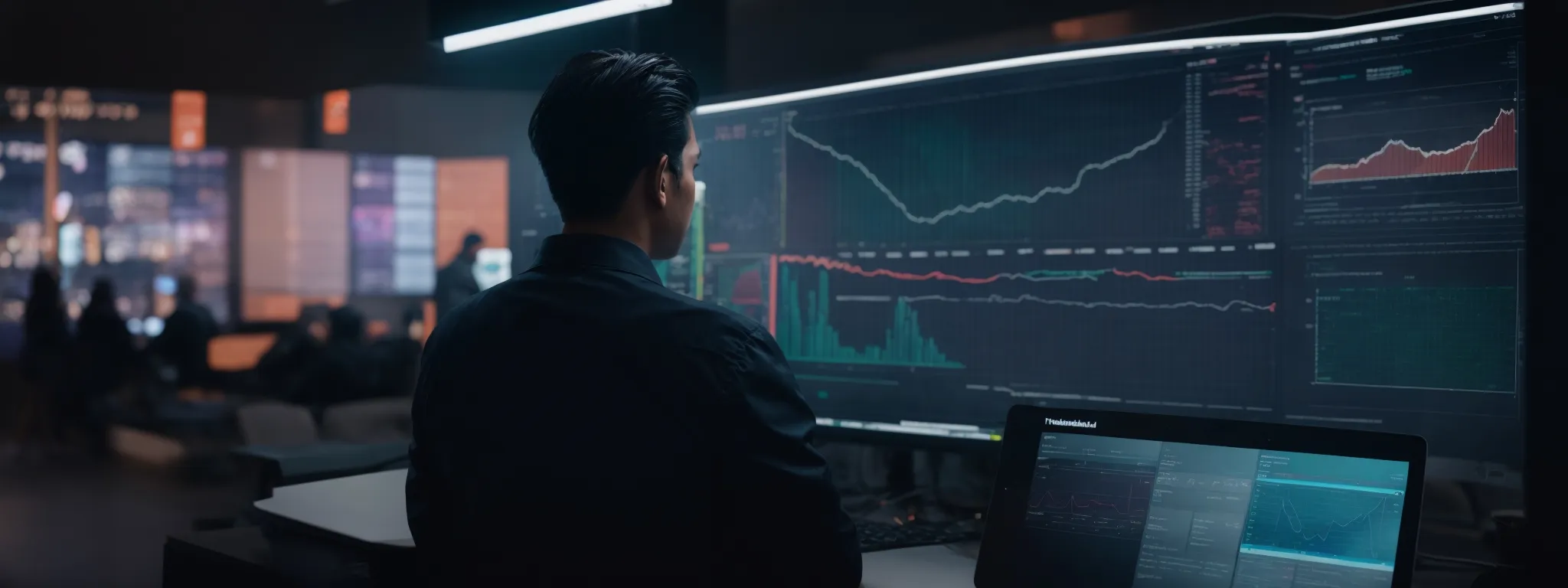 a marketer analyzing a futuristic data dashboard highlighting trends in web stories engagement.