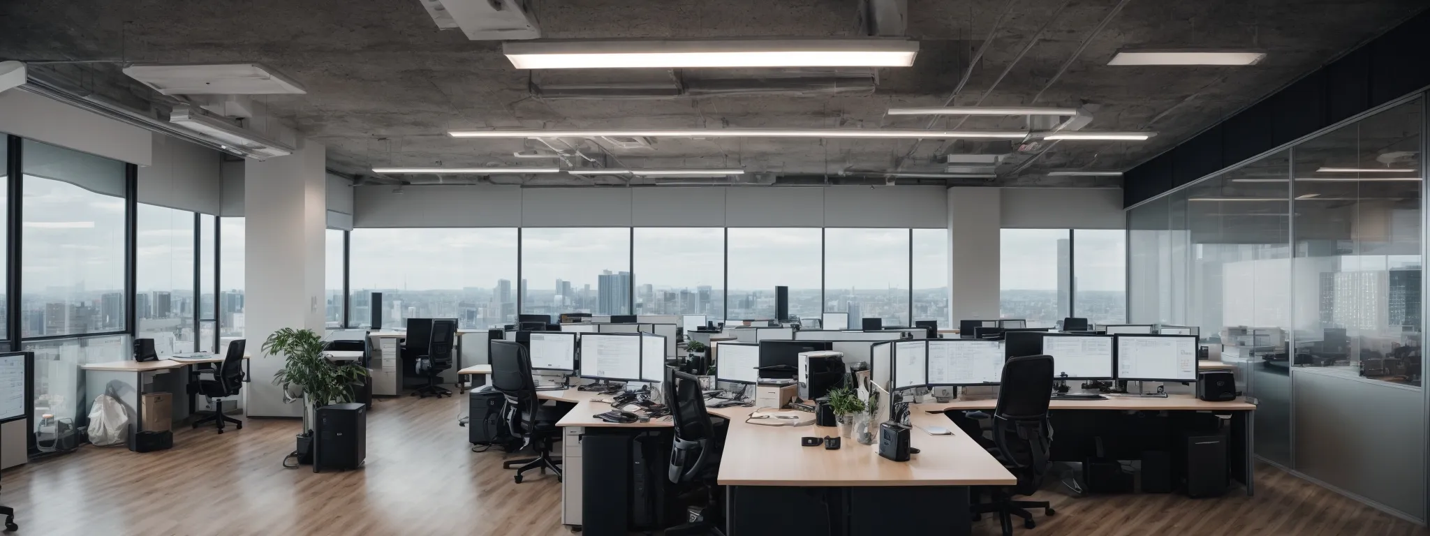 a panoramic view of a modern office with computers displaying analytics and a whiteboard filled with seo strategies.