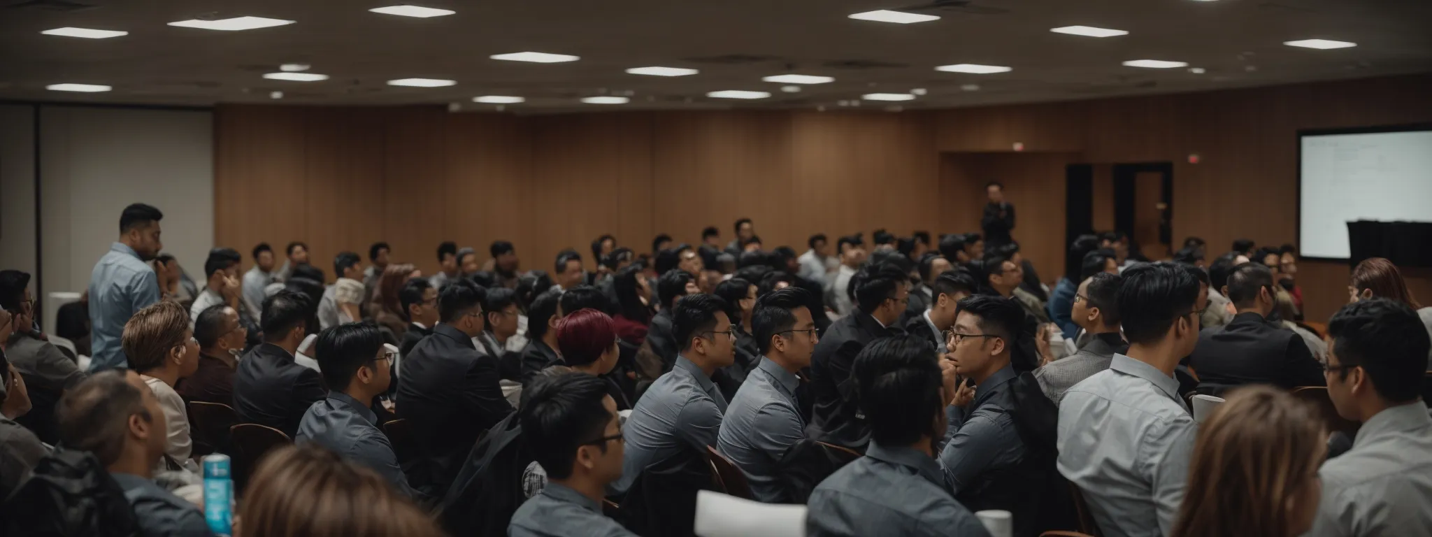 a professional seminar where digital marketers discuss local voice search optimization tactics.