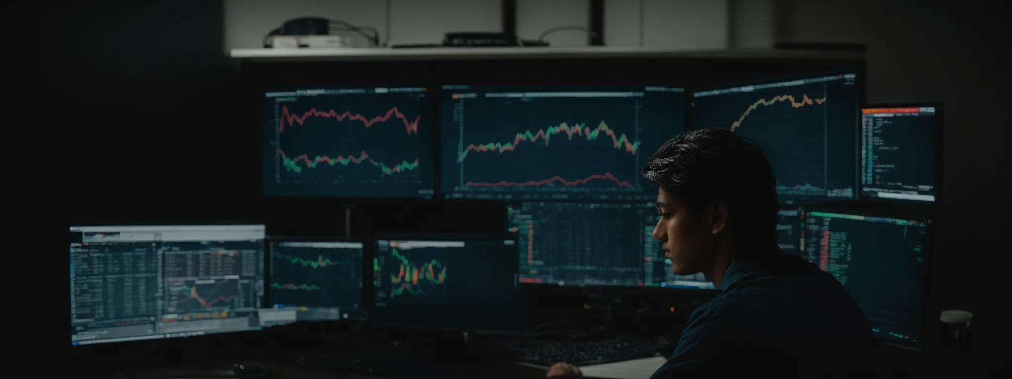 a person sitting in front of a computer screen, analyzing a complex web traffic analytics dashboard.