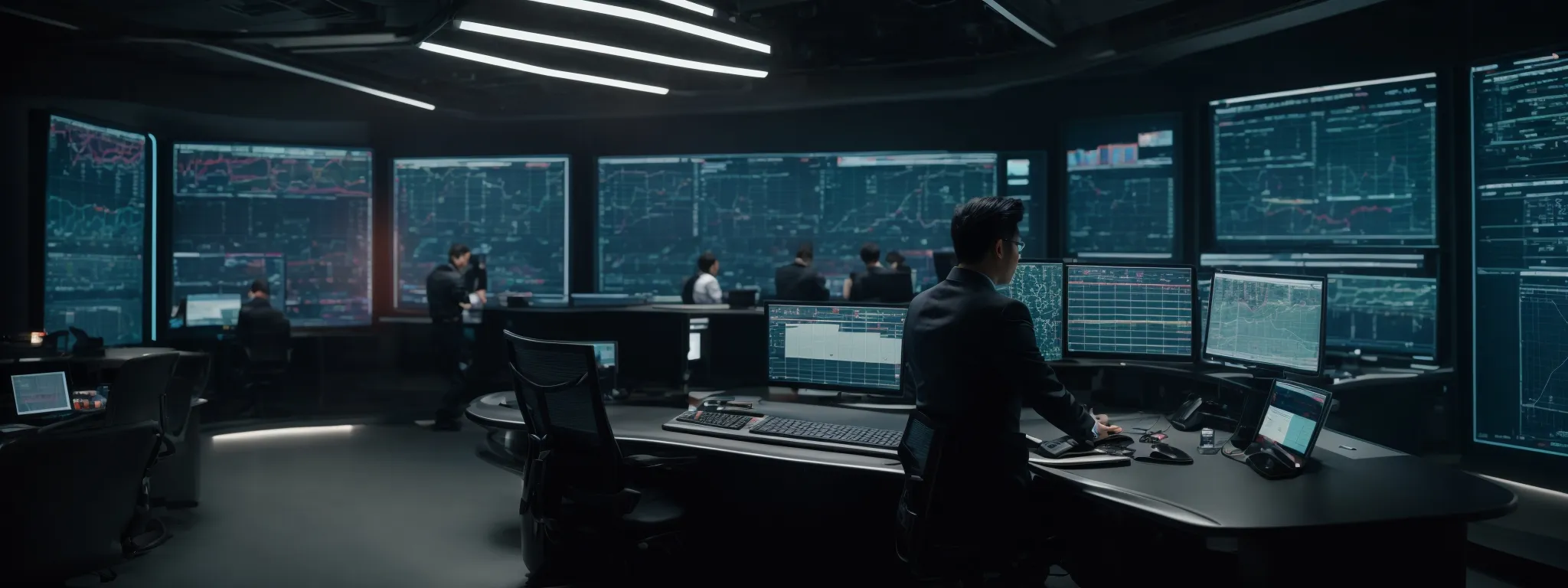 a futuristic control room where analysts scrutinize interactive dashboards displaying live data visualizations and metrics.