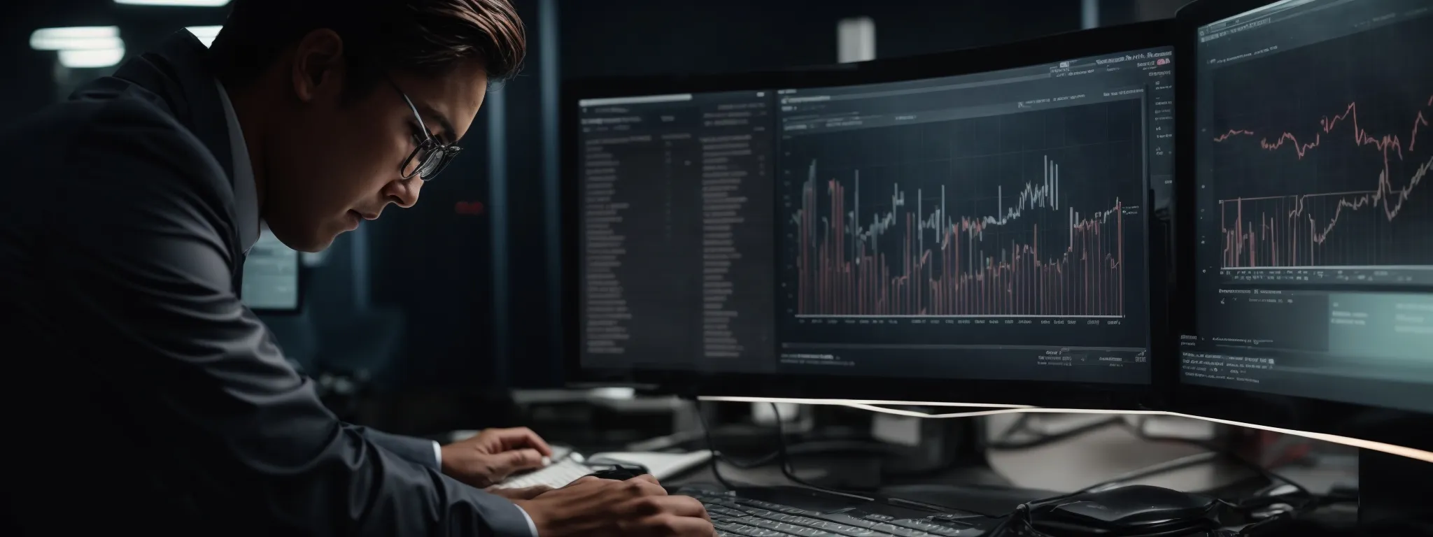 a business professional analyzes graphs on a computer screen reflecting website performance statistics.