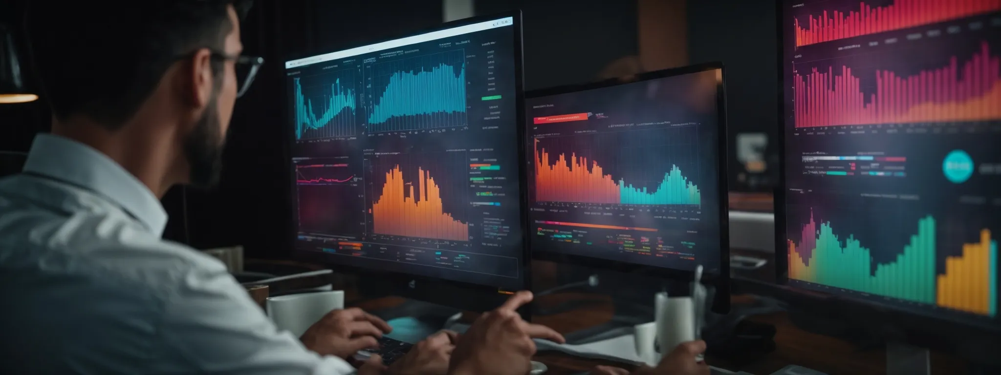 a marketer evaluates colorful graphs on a screen depicting seo performance metrics, guided by rand fishkin's insights.