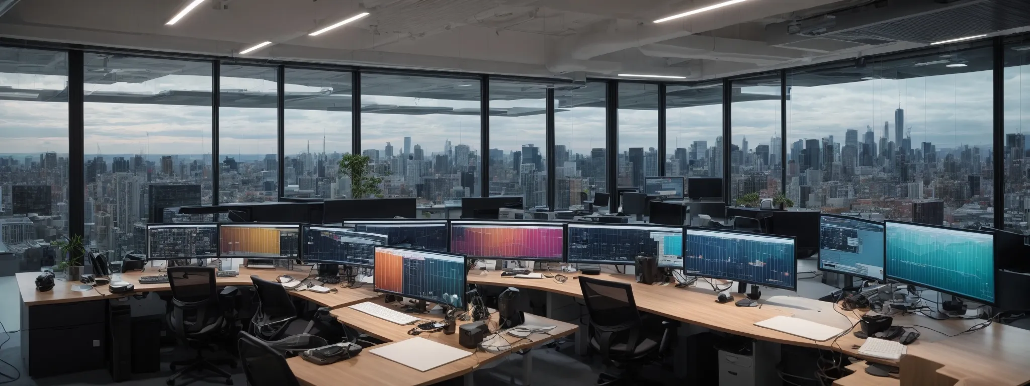 a panoramic view of a modern office with an seo professional analyzing colorful graphs on a large monitor, illustrating the impact of visualization tools on search engine optimization strategies.