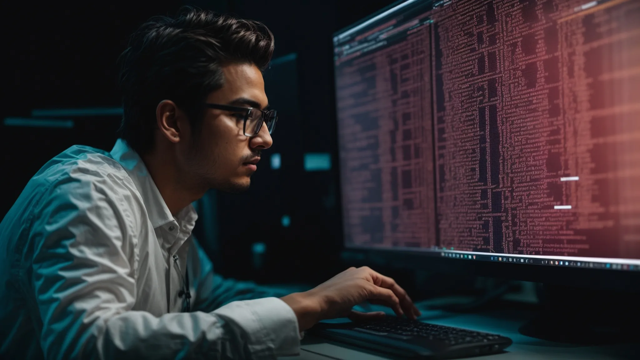a web developer scrutinizes code on a computer screen, optimizing an image sitemap.