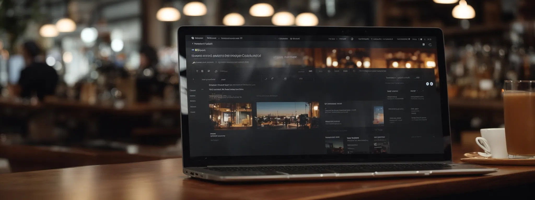 a laptop displaying search results with prominent star ratings against a backdrop of a bustling coffee shop.
