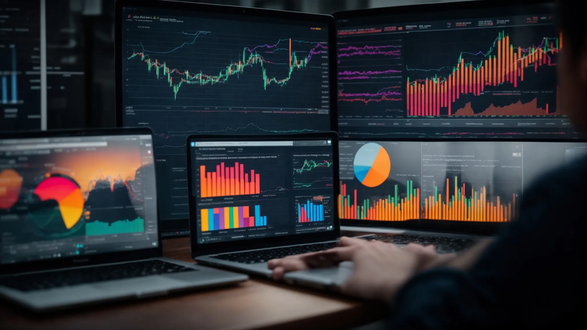 a professional holding a laptop with a vibrant display of analytic charts and graphs, symbolizing advanced seo tools.