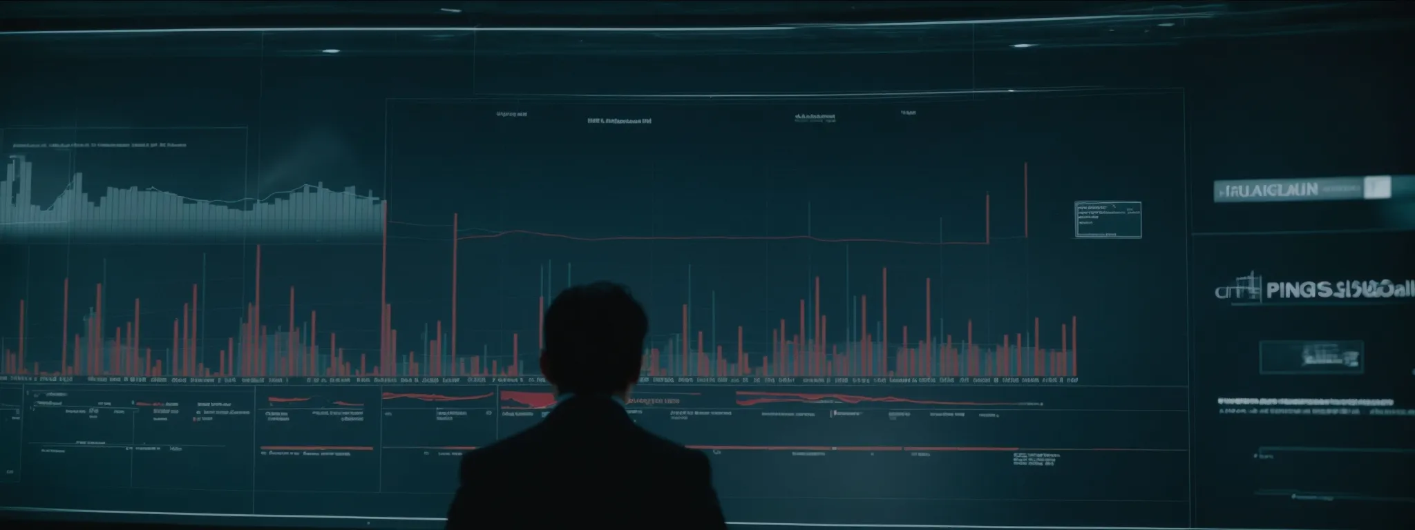 a person standing in front of a large digital screen, visibly analyzing marketing analytics and strategizing.