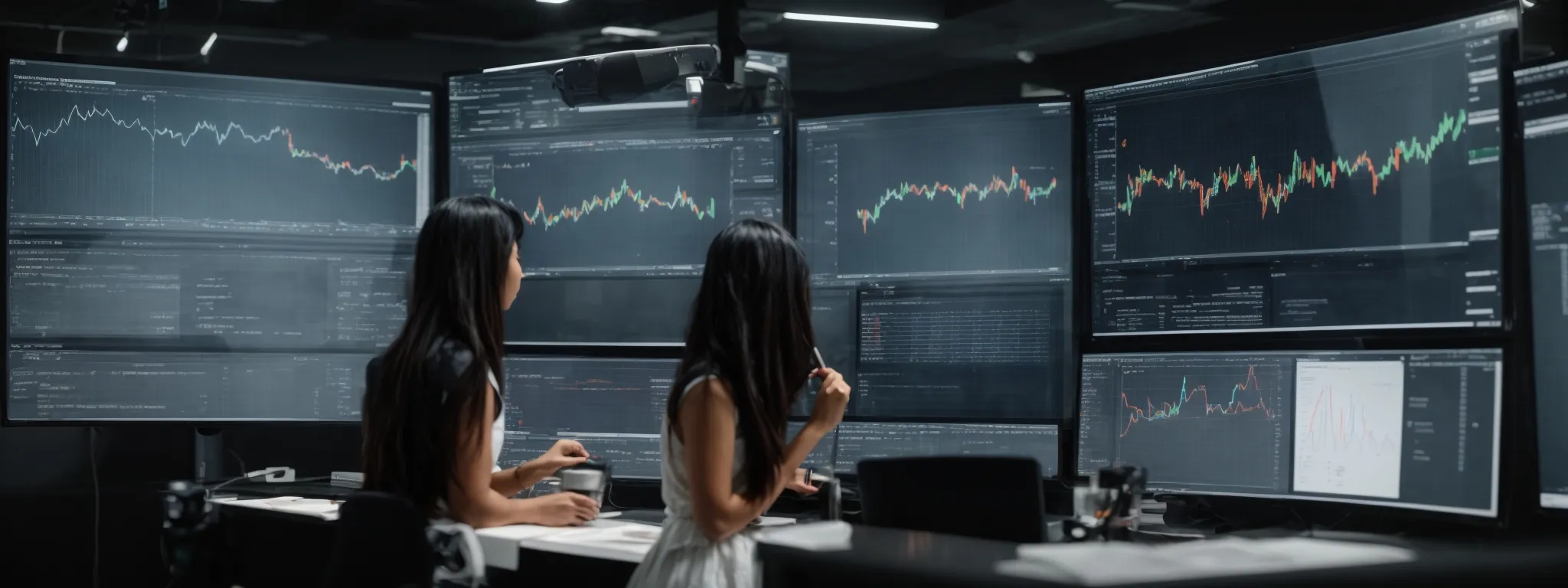 a strategic team scrutinizes graphs on a large monitor highlighting seo performance metrics.