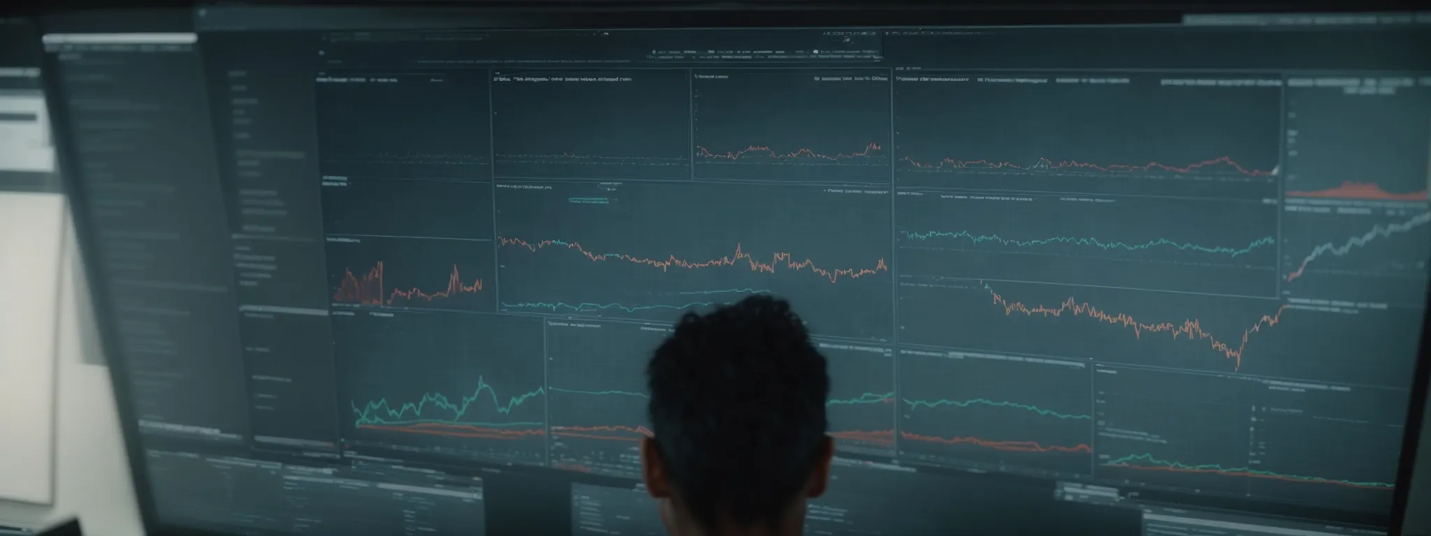 a person intently examines charts and graphs on a large monitor displaying website traffic data and search engine rankings.