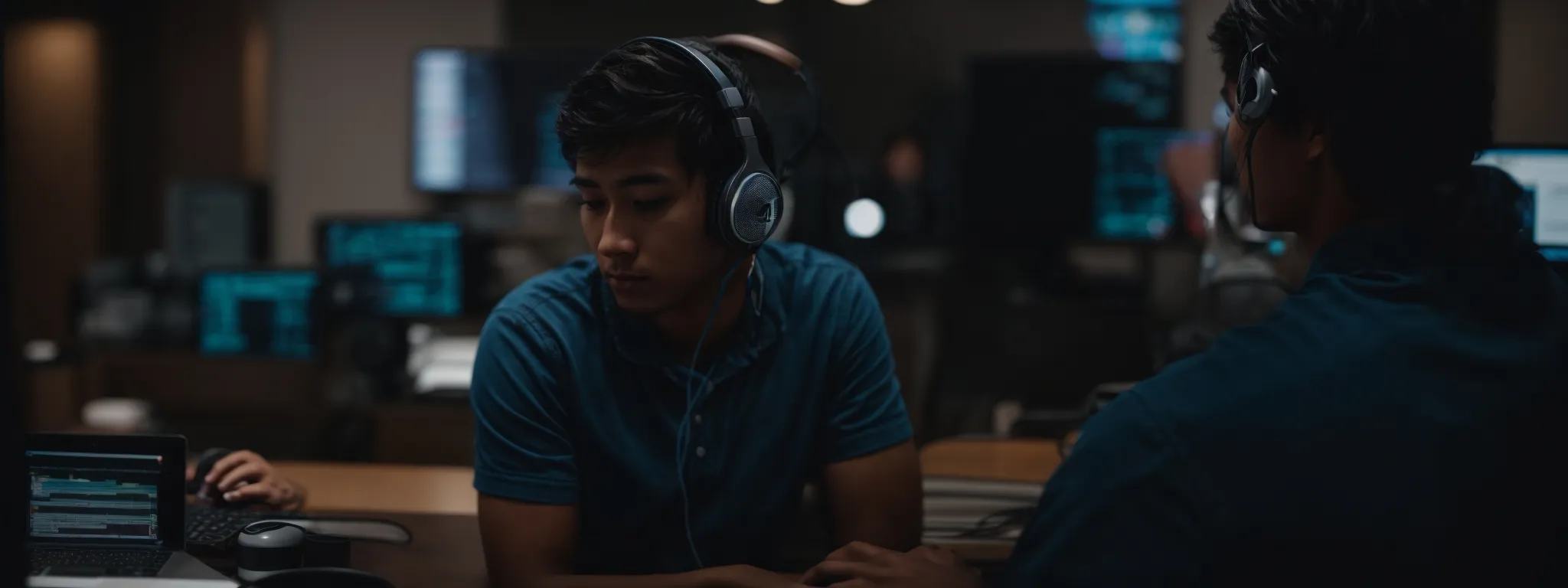 A young man wearing headphones sits at a desk with computer screens in a dimly lit room, focused on his work.