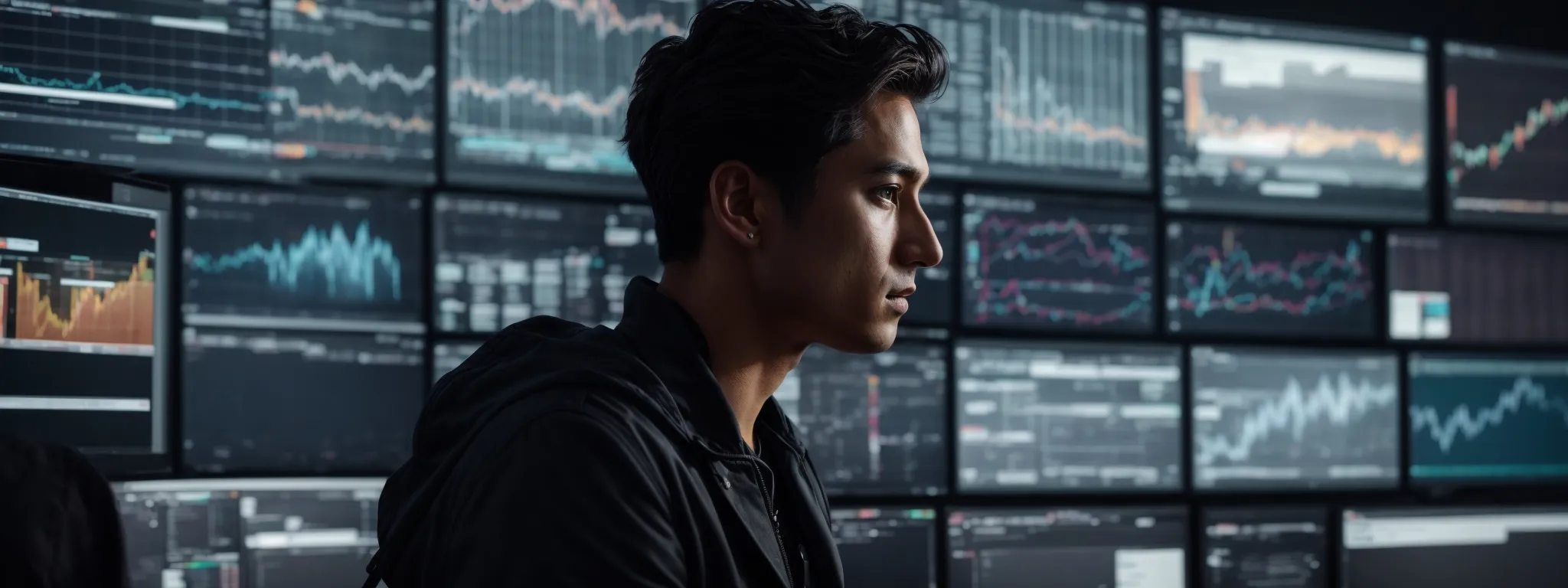 a focused individual surrounded by multiple digital screens showing analytical graphs and social media platforms, orchestrating a content strategy.