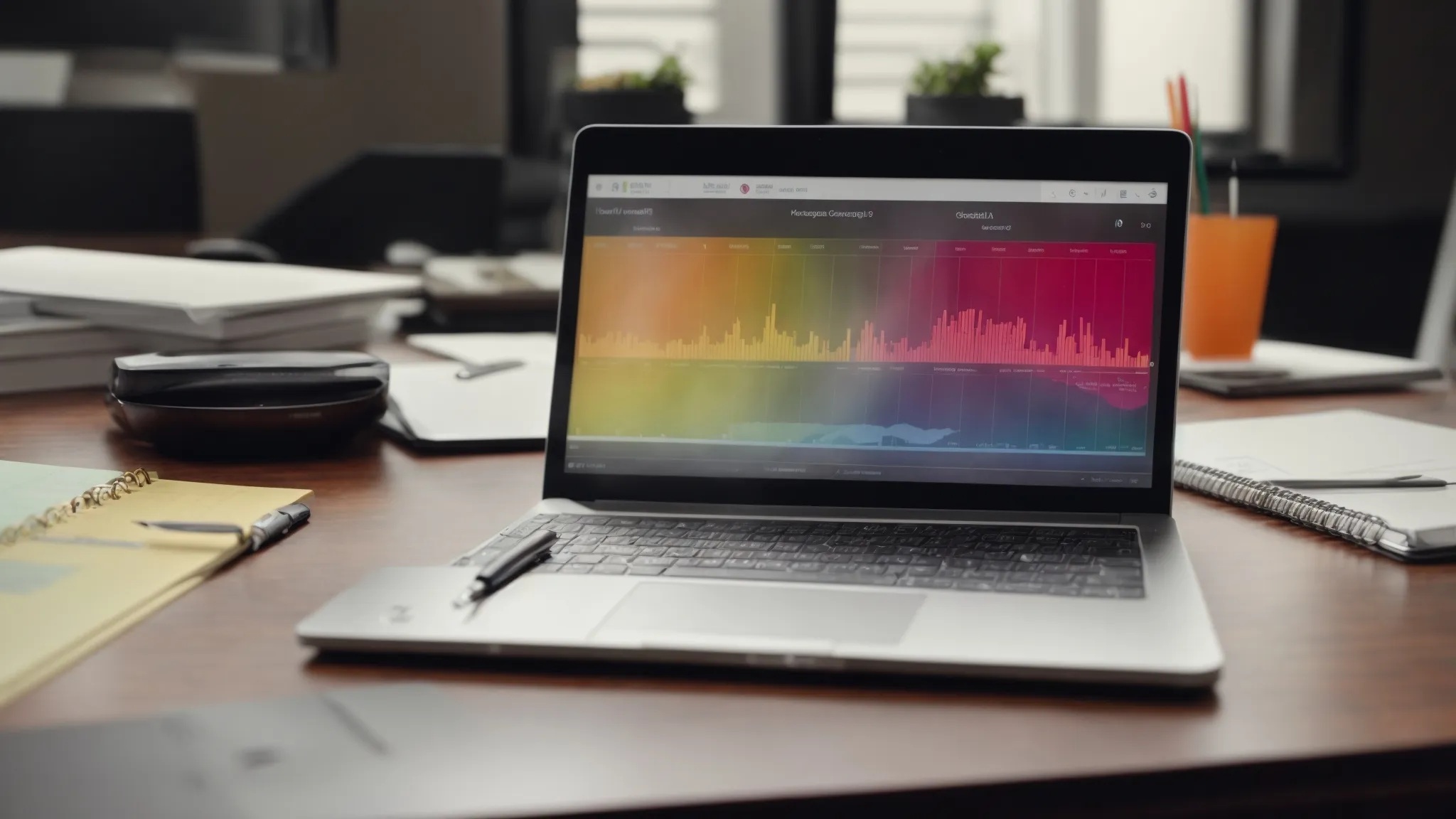 a computer screen displaying a colorful line graph, with a planner and a pen on the desk, symbolizing strategic planning.
