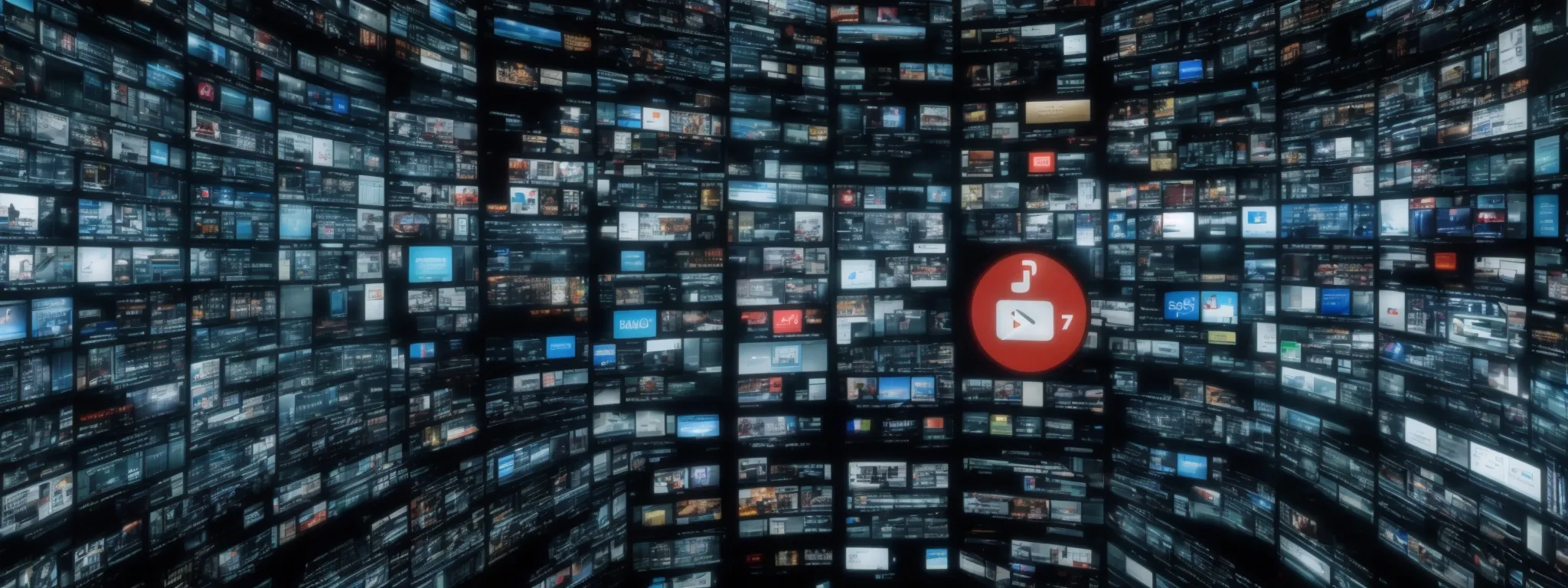 a matrix of screens displaying different social media platforms, symbolizing streamlined automation in a high-tech environment.