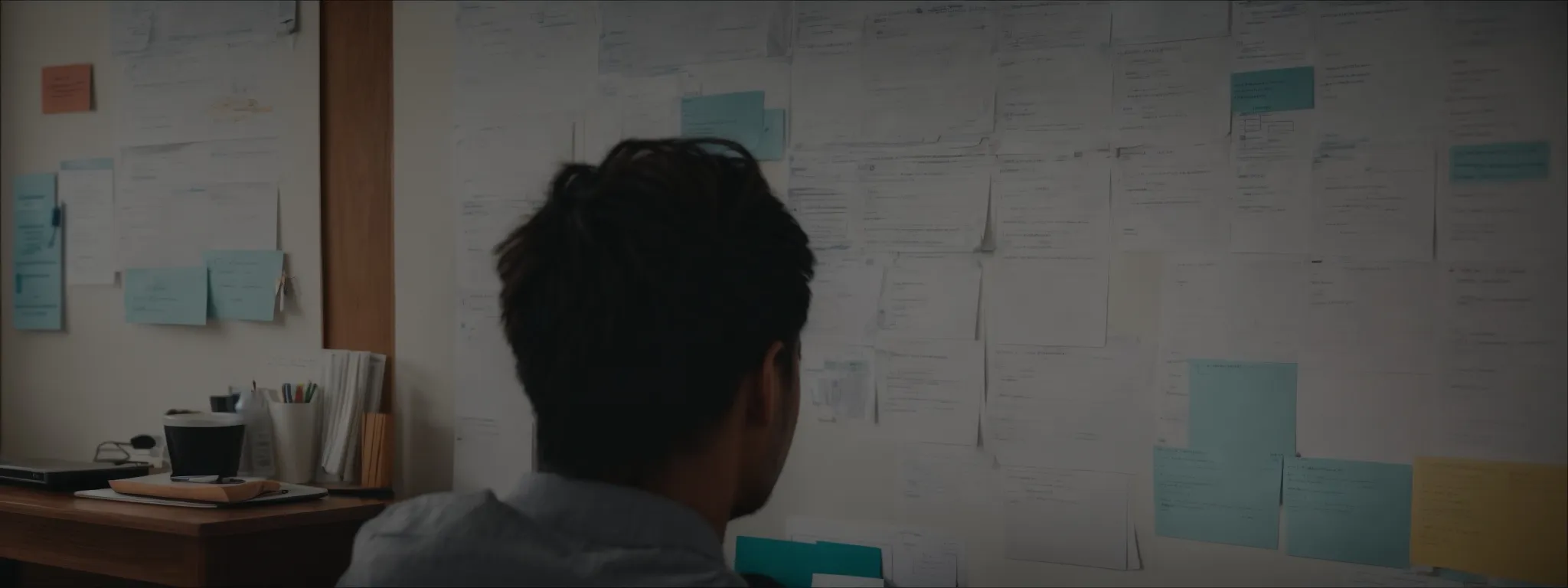 a person sitting at a desk with a laptop open, surrounded by marketing strategy documents and a whiteboard with a content planning timeline.