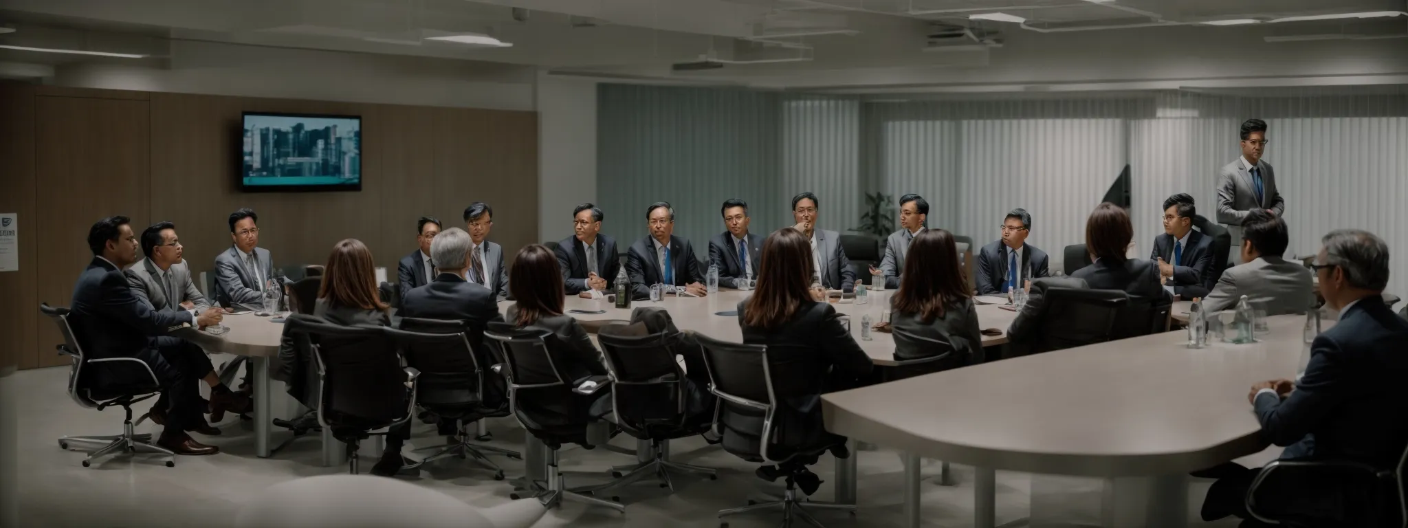 a panel of thought leaders congregates around a conference table, engaged in animated discussion.