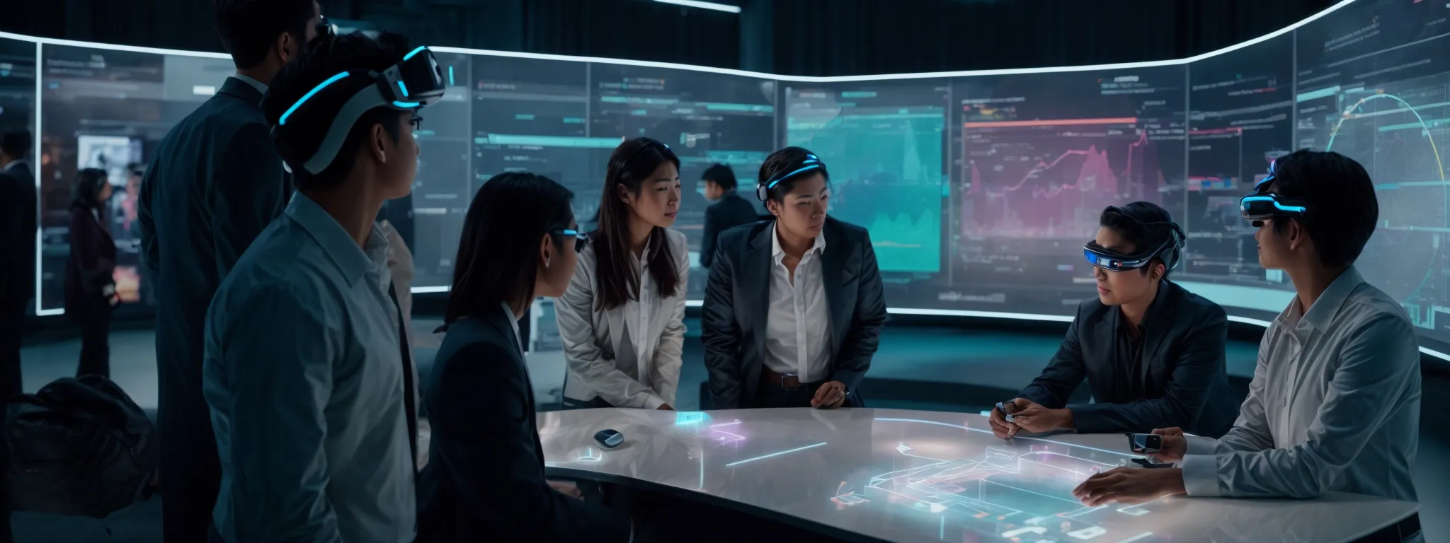 a group of marketers brainstorm around a futuristic holographic display showcasing interactive analytics and vr headsets.