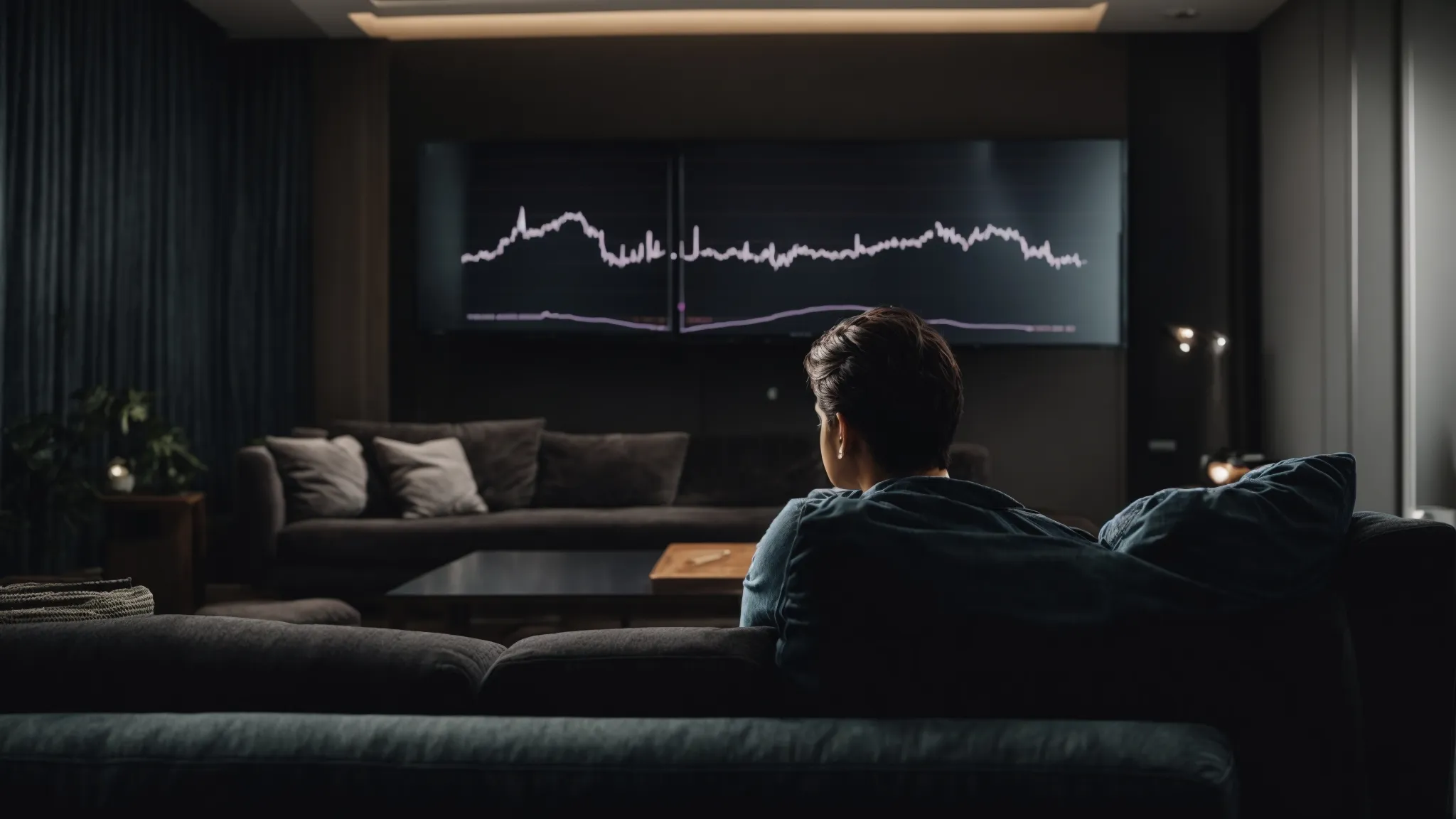 a person sits on a sofa, intently watching an informative screen showing a graph of tv influence on search traffic.