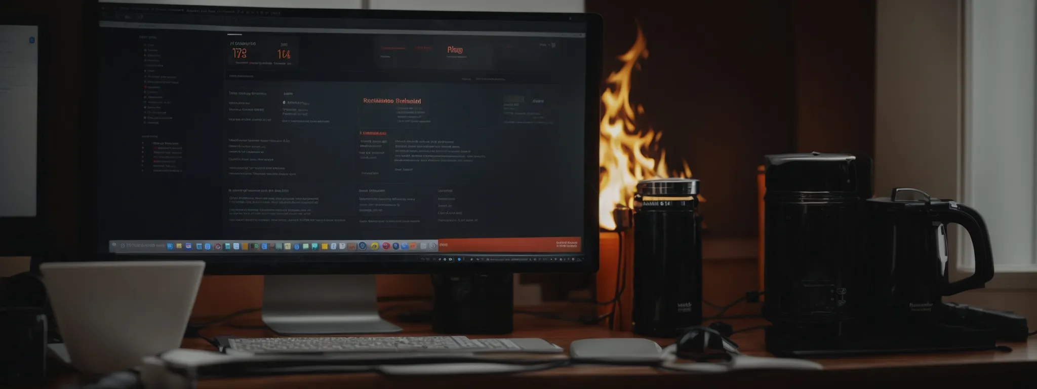 a computer with a digital marketing dashboard on its screen, beside a fire extinguisher on a desk.