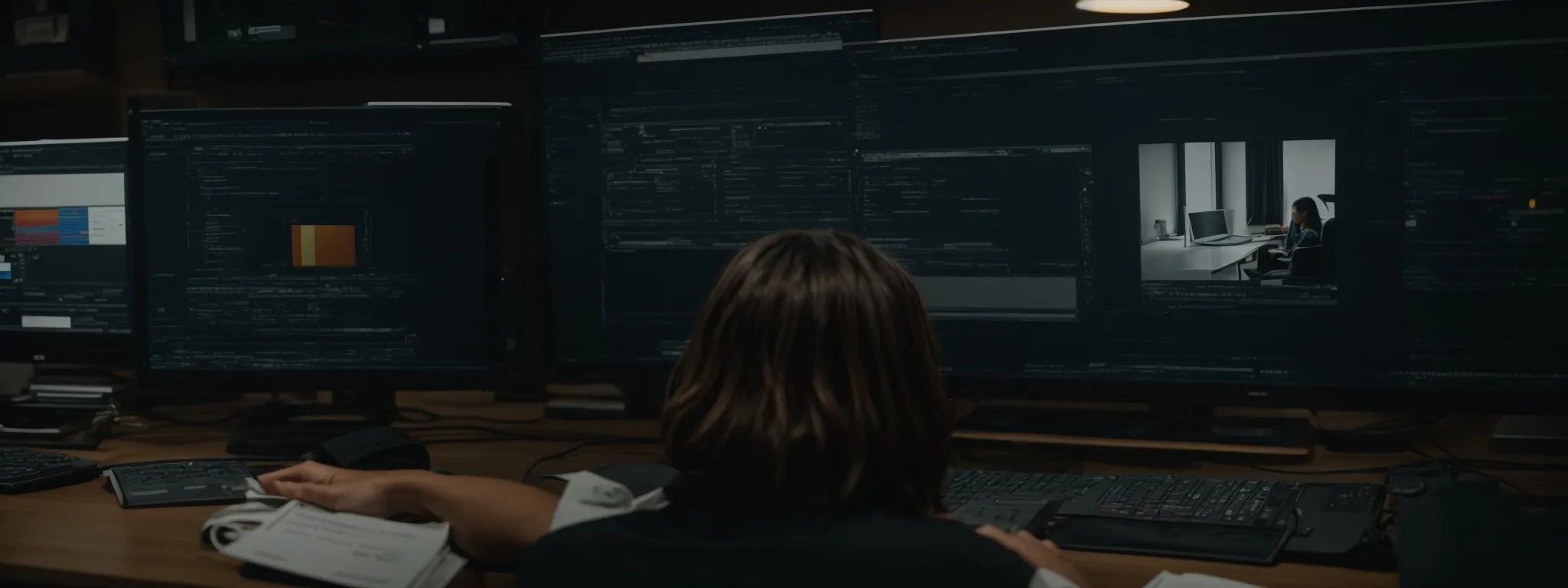 a person seated in front of a computer, editing a website's layout on the screen to enhance its seo.