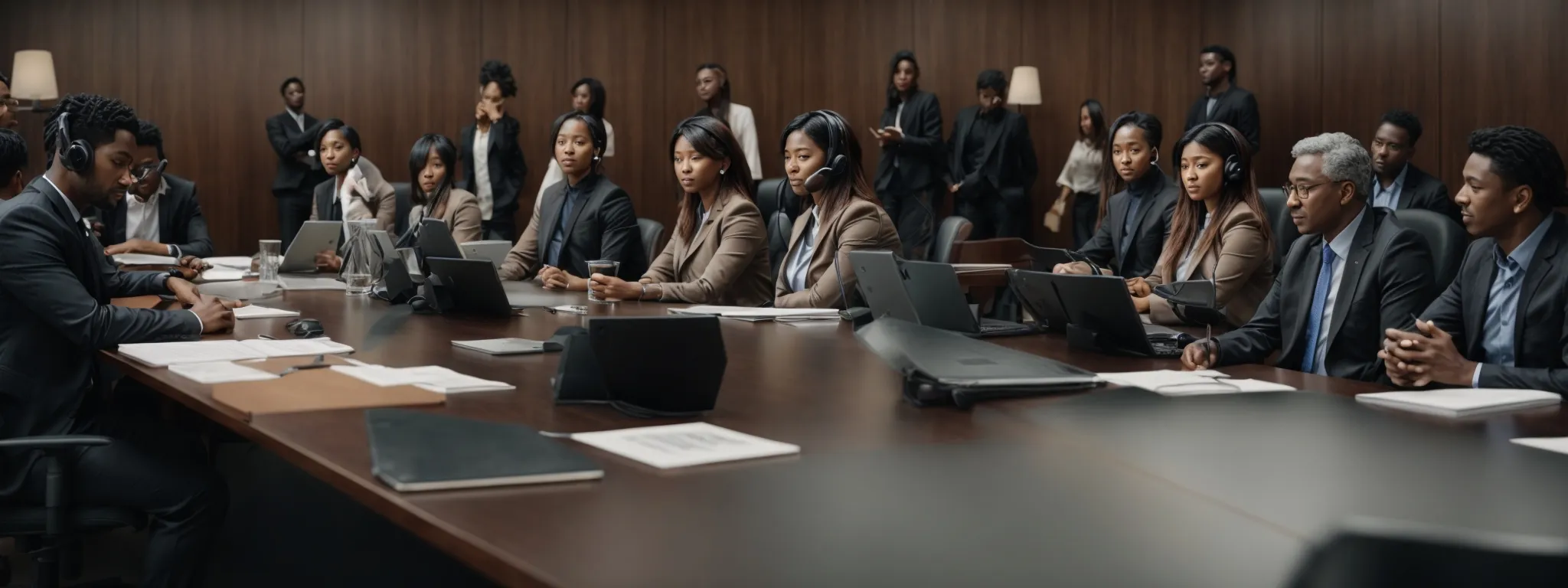 a diverse group of professionals gathers around a conference table with translation headsets, engaged in a multilingual meeting.