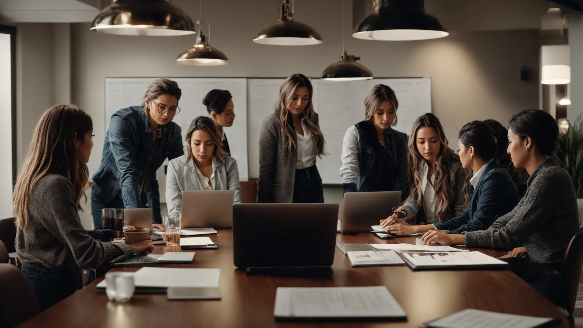 a group of professionals gathered around a conference table, brainstorming ideas with digital devices and marketing materials laid out before them.