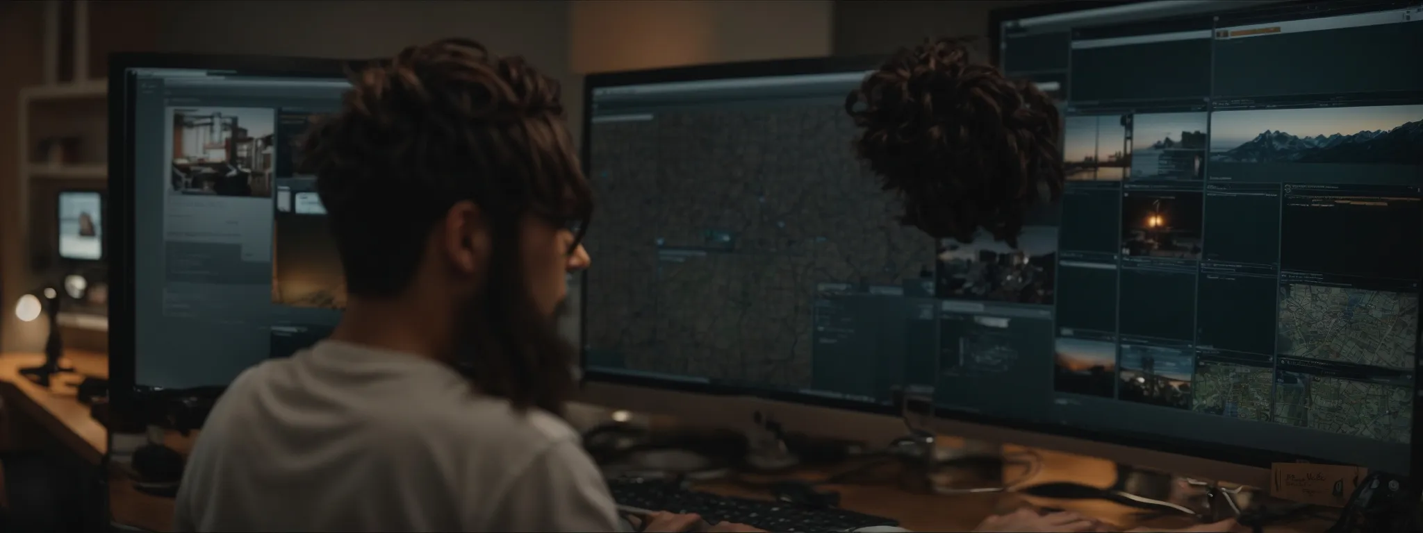 a busy social media manager navigates hootsuite on a desktop computer, overseeing a unified dashboard of various social media channels.